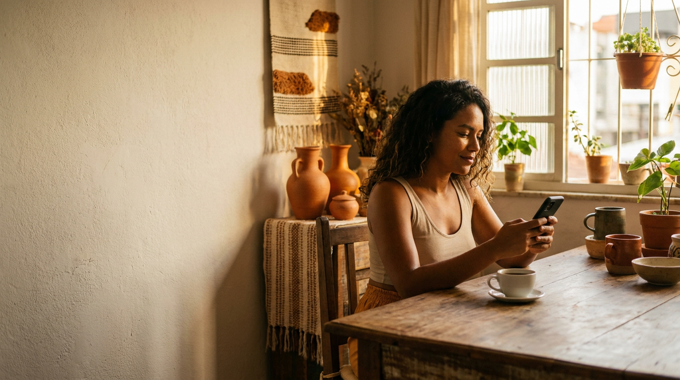 Mulher tranquila em casa resolvendo o plano de saúde pelo celular